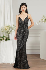 Spaghetti-Straps Sequins Bridesmaid Dress Sleeveless