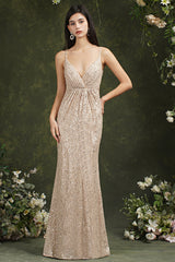 Spaghetti-Straps Sequins Bridesmaid Dress Sleeveless