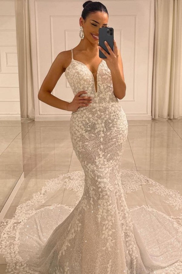 Spaghetti-Straps Sleeveless Wedding Dress Lace Mermaid Long