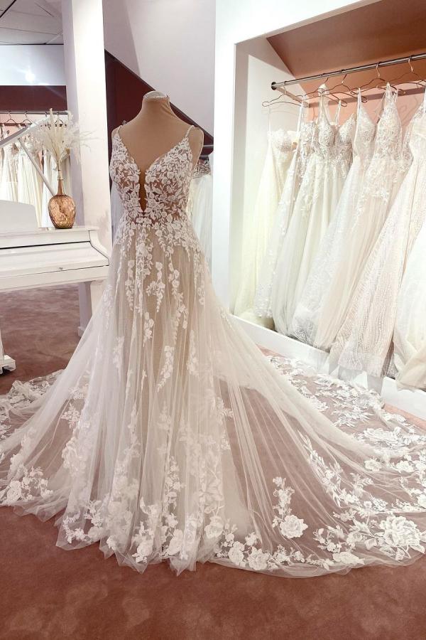 Spaghetti-Straps Sleeveless Wedding Dress Tulle With Appliques