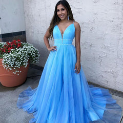 Spaghetti-Straps V-Neck Tulle Blue Prom Dress Sleeveless Long