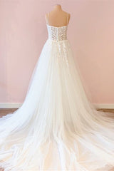 Spaghetti-Straps V-Neck Tulle Wedding Dress With Lace Appliques