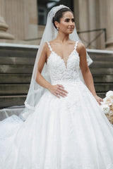 Spaghetti-Straps V-Neck Wedding Dress Lace Ball Gown