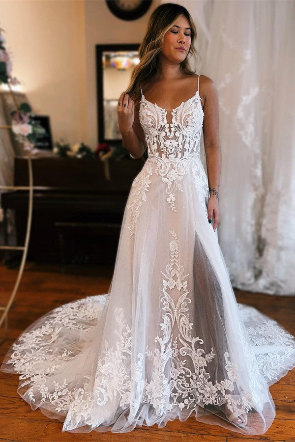 Spaghetti-Straps V-Neck Wedding Dress Split With Lace Appliques