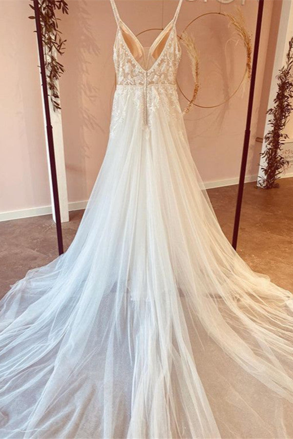 Spaghetti-Straps V-Neck Wedding Dress Tulle Long