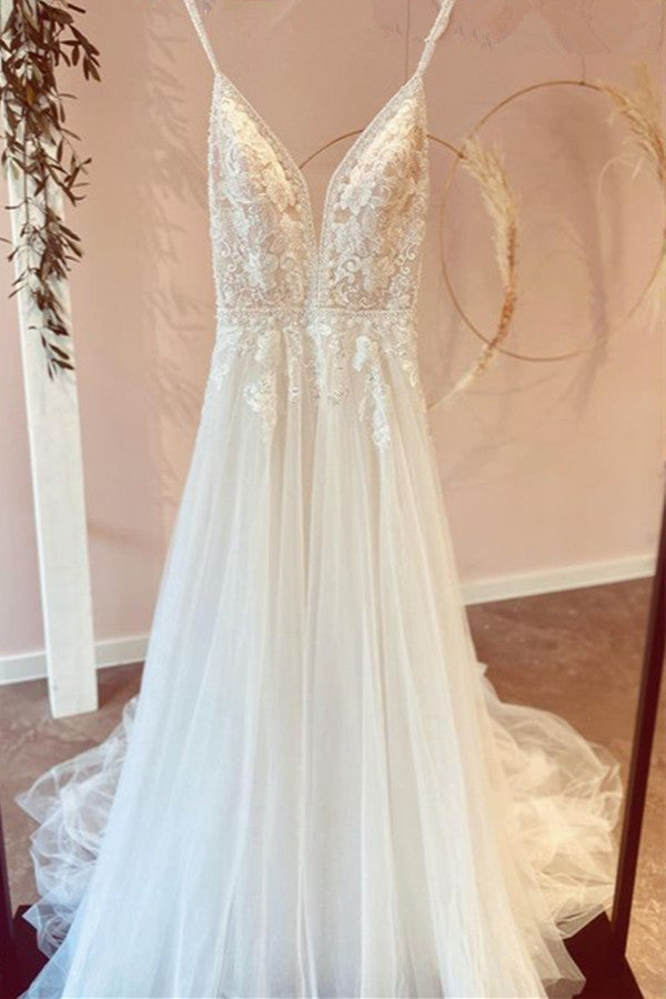 Spaghetti-Straps V-Neck Wedding Dress Tulle Long