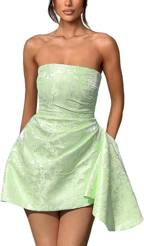 Beautiful Ruched Satin Mini Party Dress Strapless Floral Jacquard Homecoming Dress with Pocket