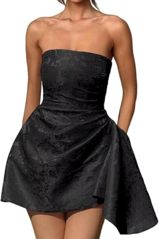 Beautiful Ruched Satin Mini Party Dress Strapless Floral Jacquard Homecoming Dress with Pocket