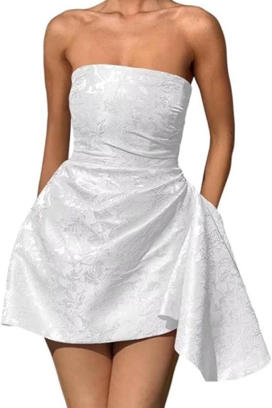 Beautiful Ruched Satin Mini Party Dress Strapless Floral Jacquard Homecoming Dress with Pocket