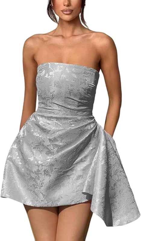 Beautiful Ruched Satin Mini Party Dress Strapless Floral Jacquard Homecoming Dress with Pocket