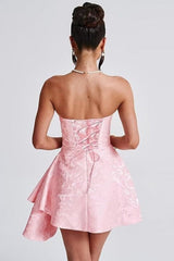 Beautiful Ruched Satin Mini Party Dress Strapless Floral Jacquard Homecoming Dress with Pocket