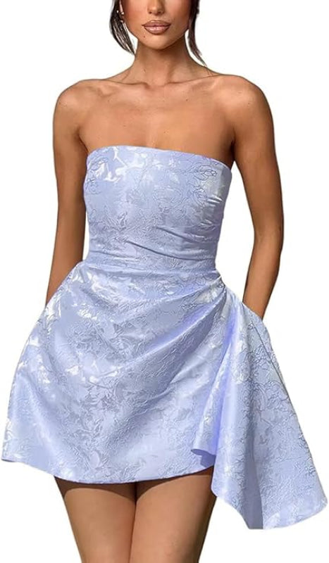 Beautiful Ruched Satin Mini Party Dress Strapless Floral Jacquard Homecoming Dress with Pocket