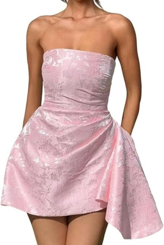 Beautiful Ruched Satin Mini Party Dress Strapless Floral Jacquard Homecoming Dress with Pocket