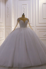 Sparkly Ball Gown Tulle Wedding Dress Jewel Sequined Beadings Long Sleeves Bridal Gowns On Sale