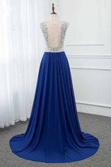 Sparkly Chffon V-Neck Front Slit Royal Blue Prom Dresses with Beading Top