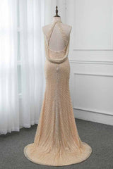 Sparkly Crystals High-Neck Prom Dresses with Front Slit Online