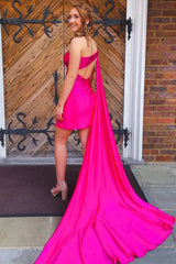 Sparkly Fuchsia Satin One-Shoulder Train Fitted Homecoming Dress