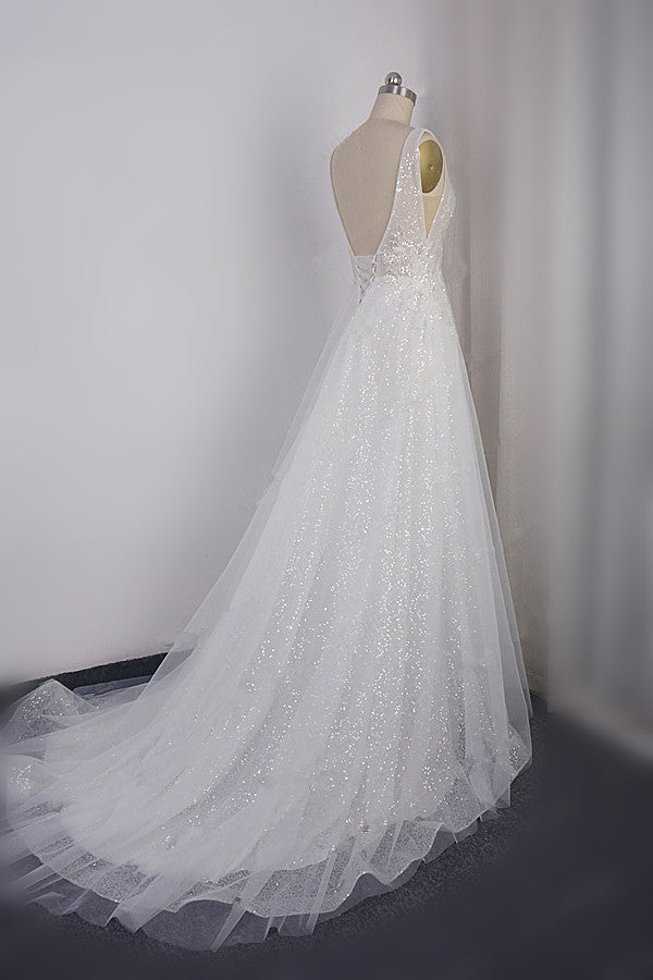 Sparkly Sequined V-Neck Wedding Dress Tulle Sleeveless Beadings Bridal Gowns On Sale