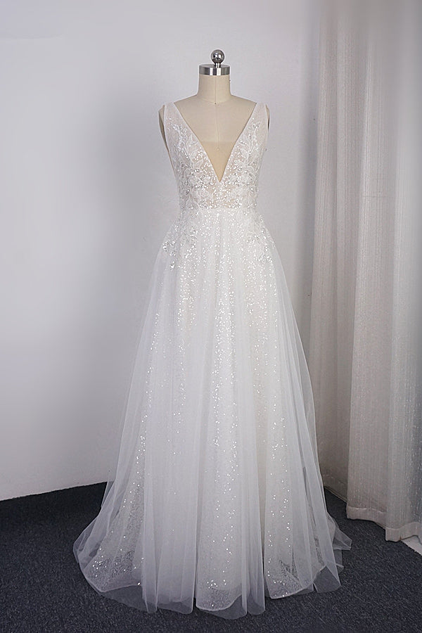 Sparkly Sequined V-Neck Wedding Dress Tulle Sleeveless Beadings Bridal Gowns On Sale