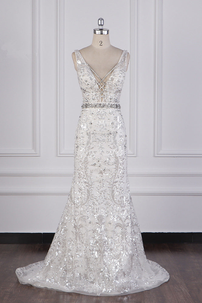 Sparkly Sequins Straps V-Neck Wedding Dress Beadings Sleeveless Bridal Gowns with Sash On Sale