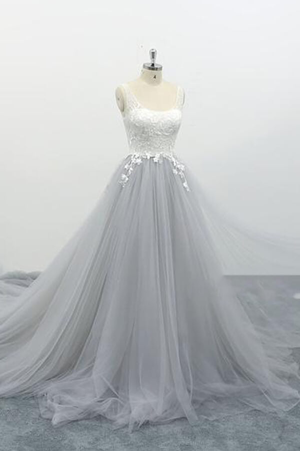 Square Neck Appliques Tulle A-line Wedding Dress On Sale