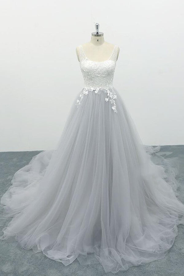 Square Neck Appliques Tulle A-line Wedding Dress On Sale