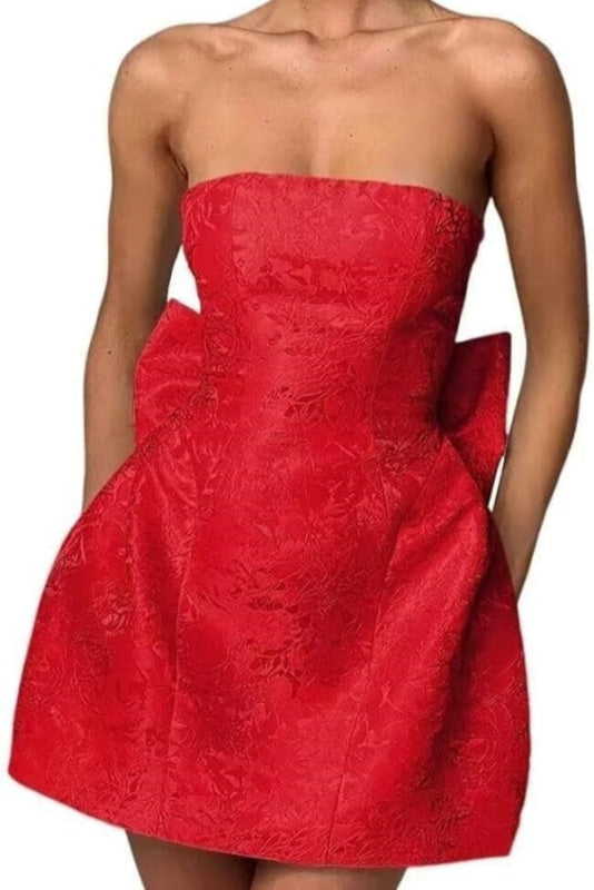 Chic Sleeveless Ruched Satin Floral Jacquard Mini Homecoming Dress with Bow