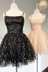 Straps Champagne A-Line Tulle Homecoming Dress with Gold Star Accents