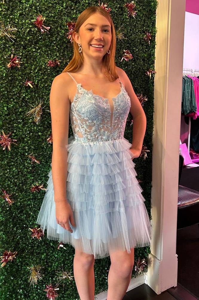 Straps Sky Blue Corset A-Line Ruffled Homecoming Dress