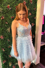 Straps Sky Blue Corset A-Line Ruffled Homecoming Dress