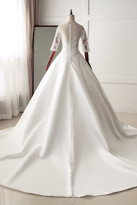 Stunning Jewel Satin Tulle White Wedding Dress Half Sleeves Appliques Bridal Gowns Online