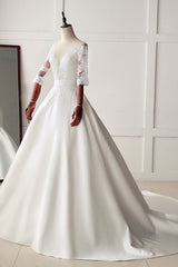 Stunning Jewel Satin Tulle White Wedding Dress Half Sleeves Appliques Bridal Gowns Online