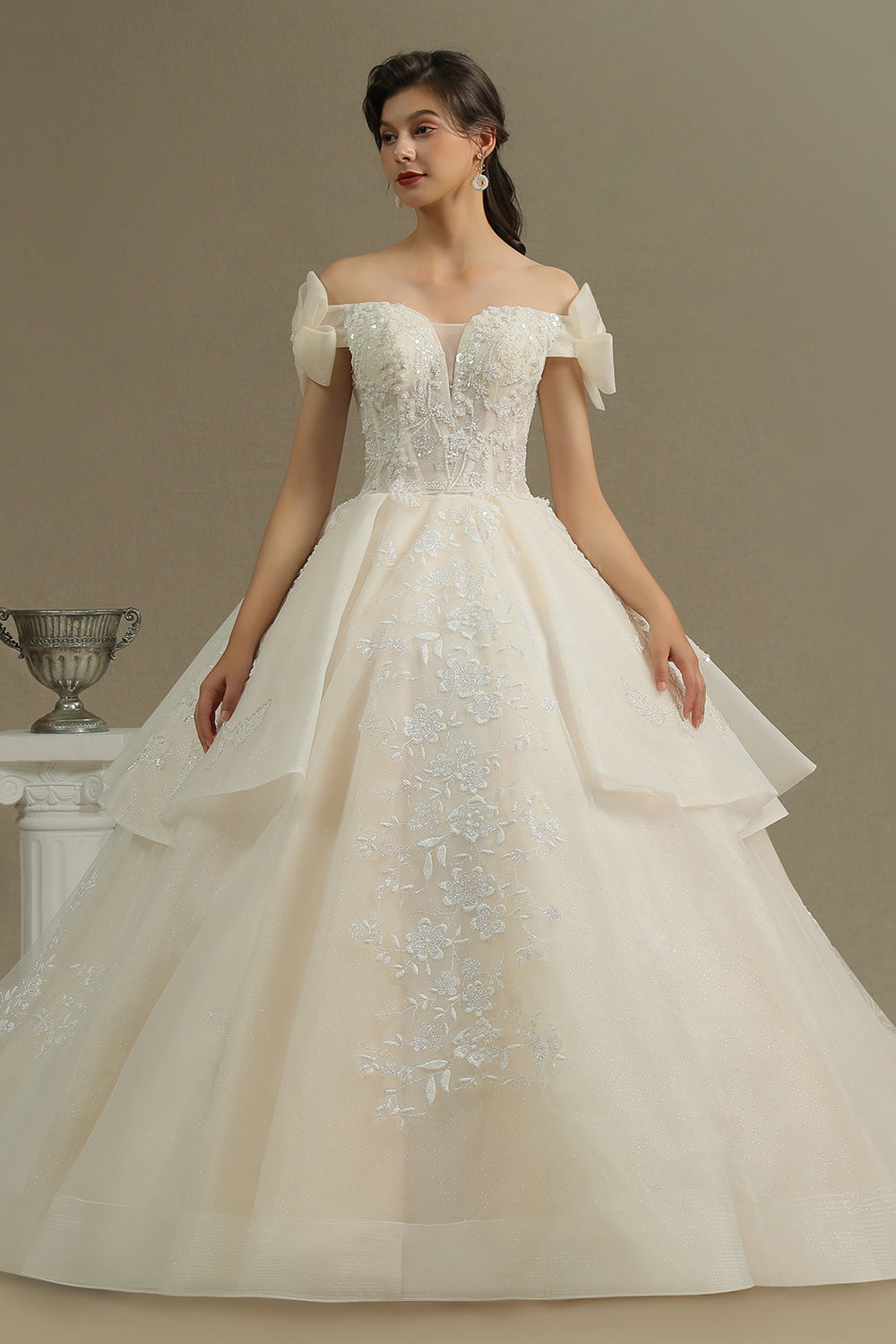 Stunning Off-the-Shoulder Lace Brida Gown With Sequins Appliques