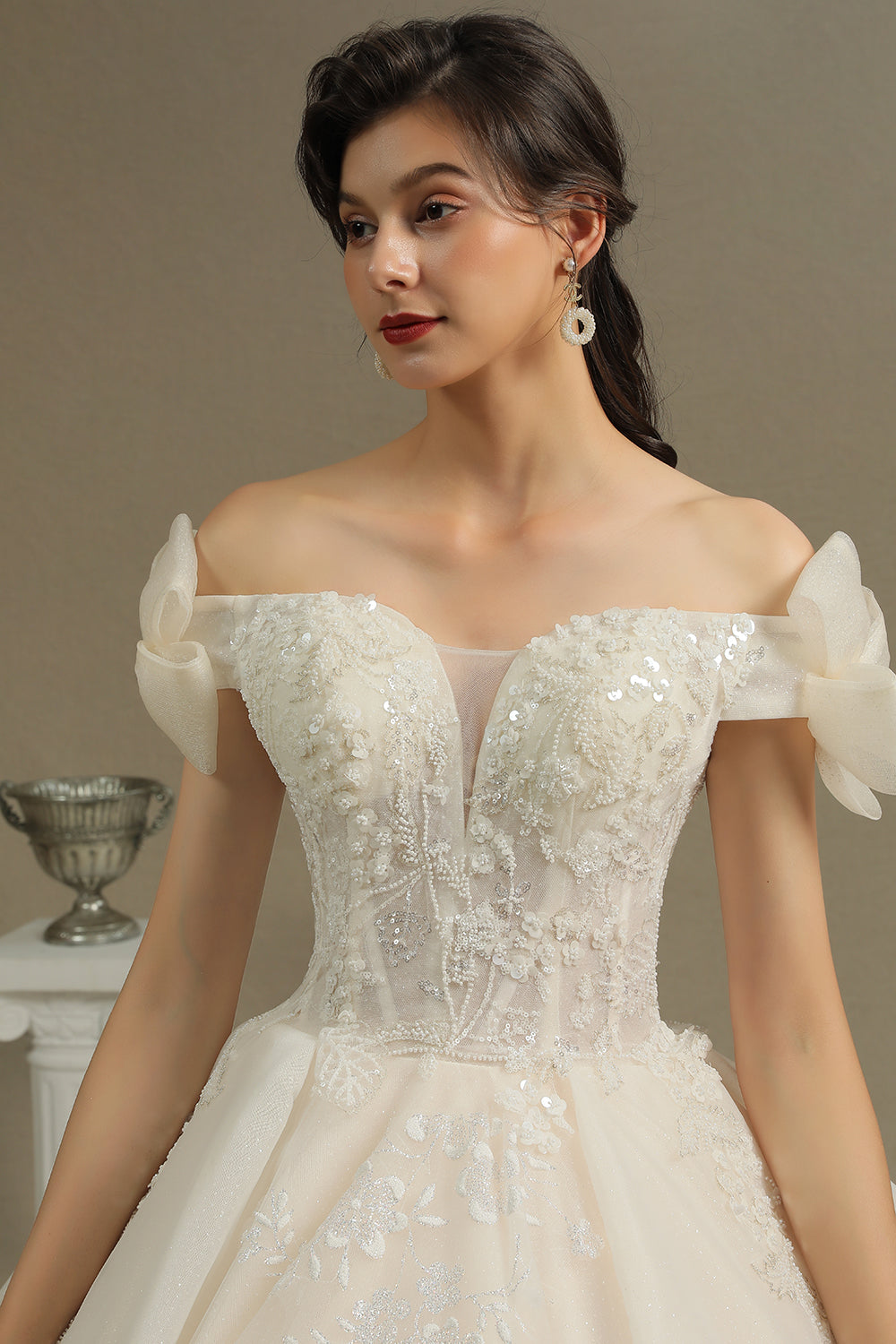 Stunning Off-the-Shoulder Lace Brida Gown With Sequins Appliques