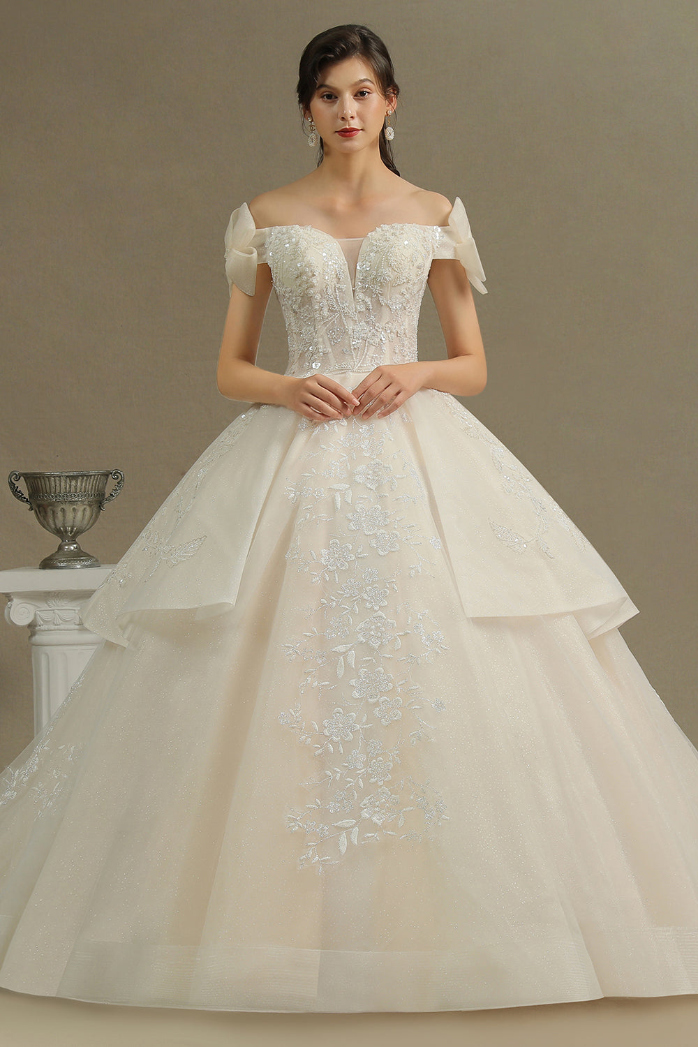 Stunning Off-the-Shoulder Lace Brida Gown With Sequins Appliques