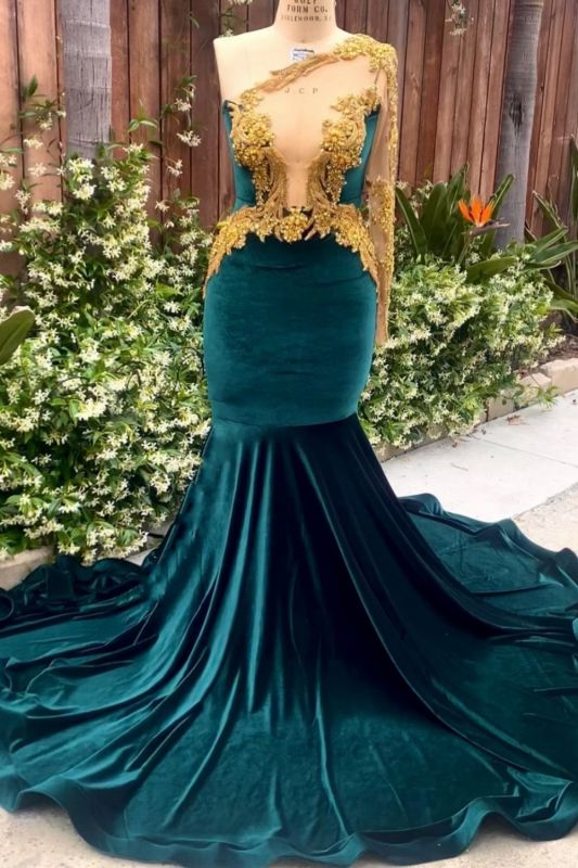 Dazzling One Shoulder Dark Green Mermaid Prom Dress with 3D Gold Embellishments