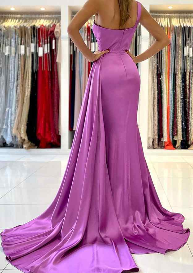 Stunning Trumpet/Mermaid One-Shoulder Sleeveless Satin Prom Dress/Evening Dress With Pleated Sweep Train