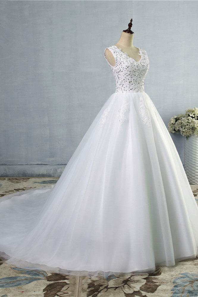 Stunning V-Neck Sequins Tulle Wedding Dresses A-Line Lace Appliques Bridal Gowns Online