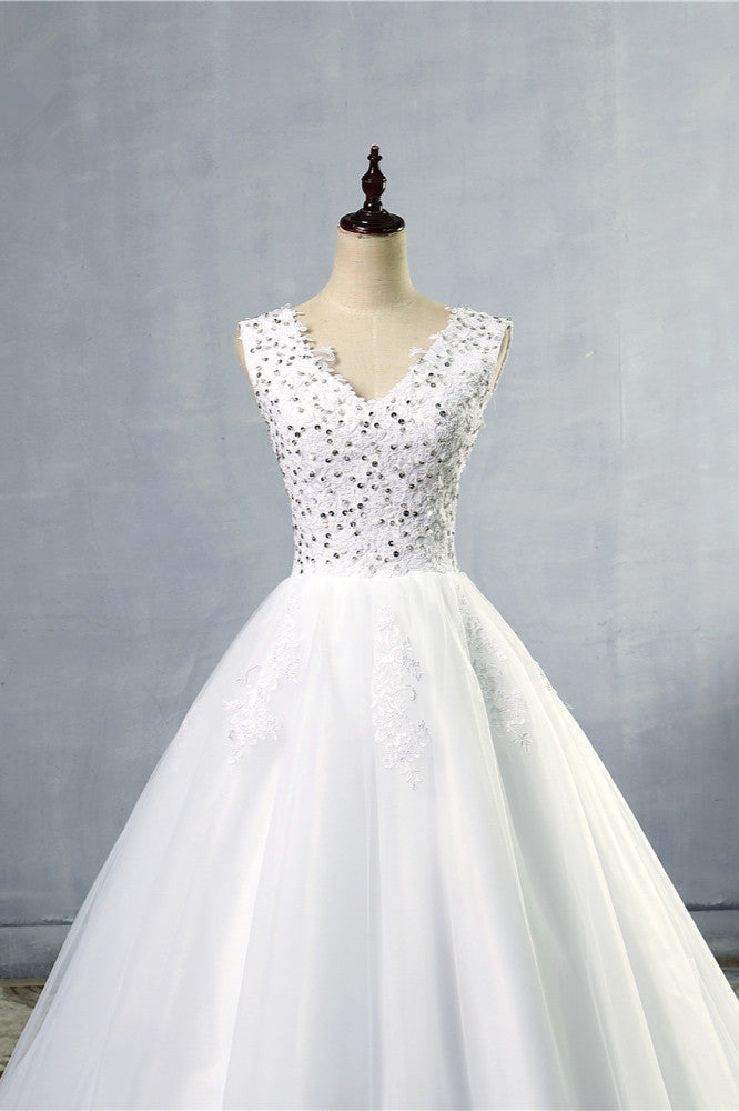 Stunning V-Neck Sequins Tulle Wedding Dresses A-Line Lace Appliques Bridal Gowns Online