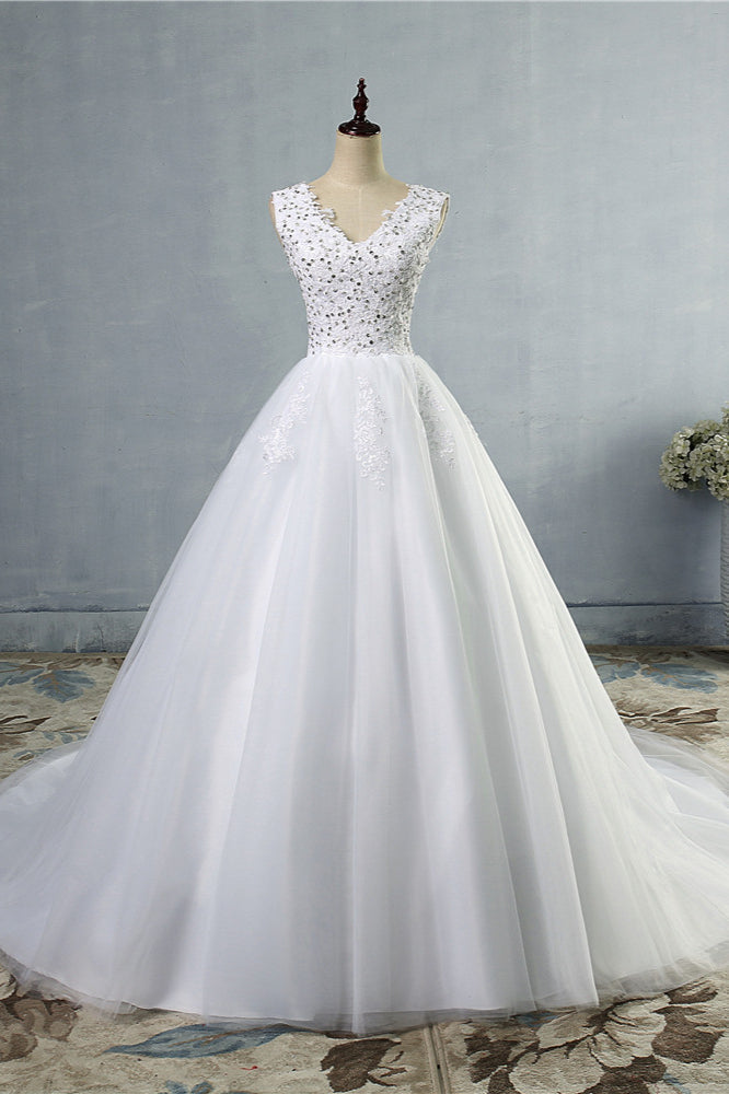 Stunning V-Neck Sequins Tulle Wedding Dresses A-Line Lace Appliques Bridal Gowns Online