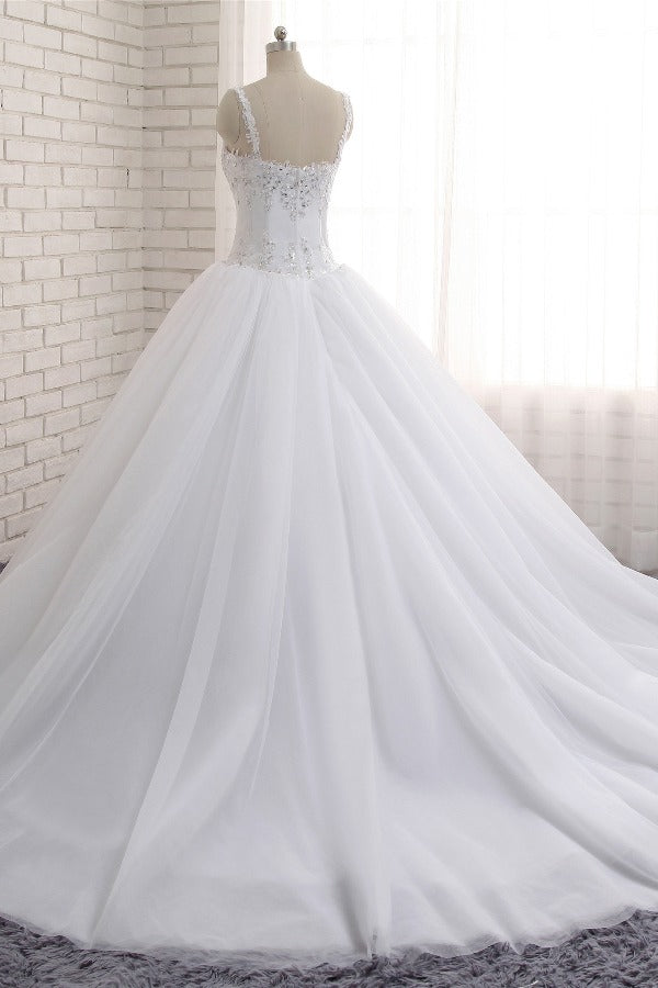 Stunning White Tulle Lace Wedding Dress Strapless Sweetheart Beadings Bridal Gowns with Appliques