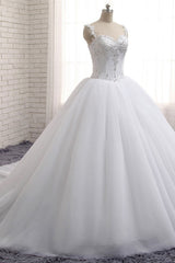 Stunning White Tulle Lace Wedding Dress Strapless Sweetheart Beadings Bridal Gowns with Appliques