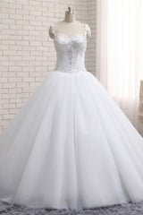 Stunning White Tulle Lace Wedding Dress Strapless Sweetheart Beadings Bridal Gowns with Appliques