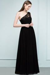 Stylish Black Chiffon One-Shoulder Lace Affordable Bridesmaid Dresses