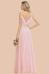 Stylish Draped V-Neck Pink Chiffon Bridesmaid Dress with Spaghetti Straps