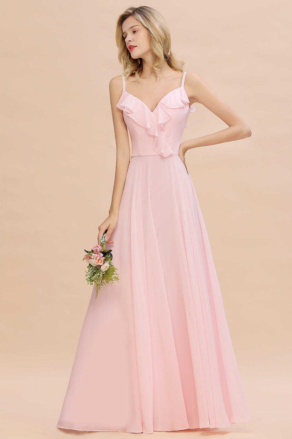 Stylish Draped V-Neck Pink Chiffon Bridesmaid Dress with Spaghetti Straps