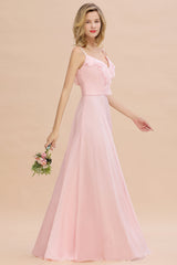 Stylish Draped V-Neck Pink Chiffon Bridesmaid Dress with Spaghetti Straps