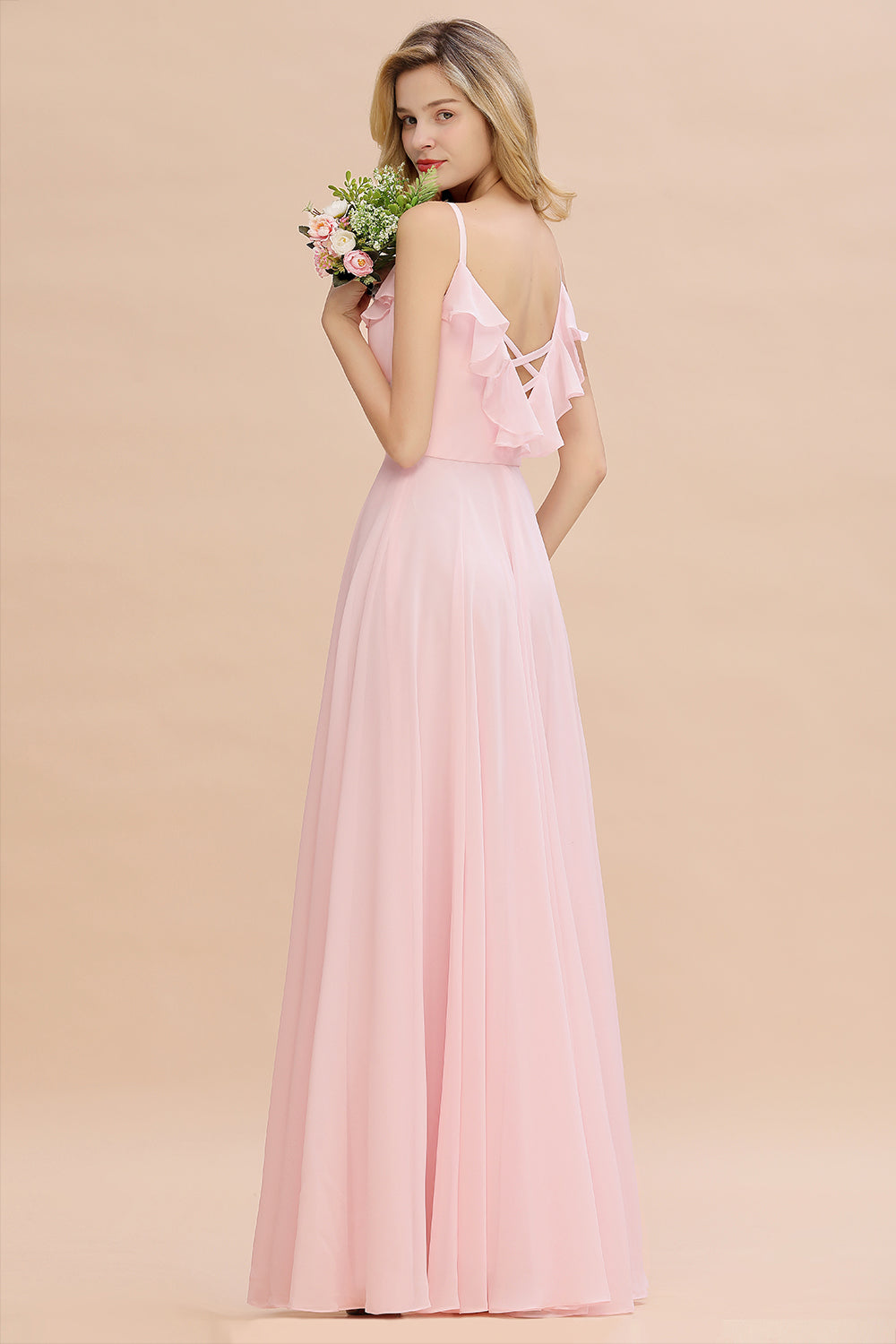 Stylish Draped V-Neck Pink Chiffon Bridesmaid Dress with Spaghetti Straps