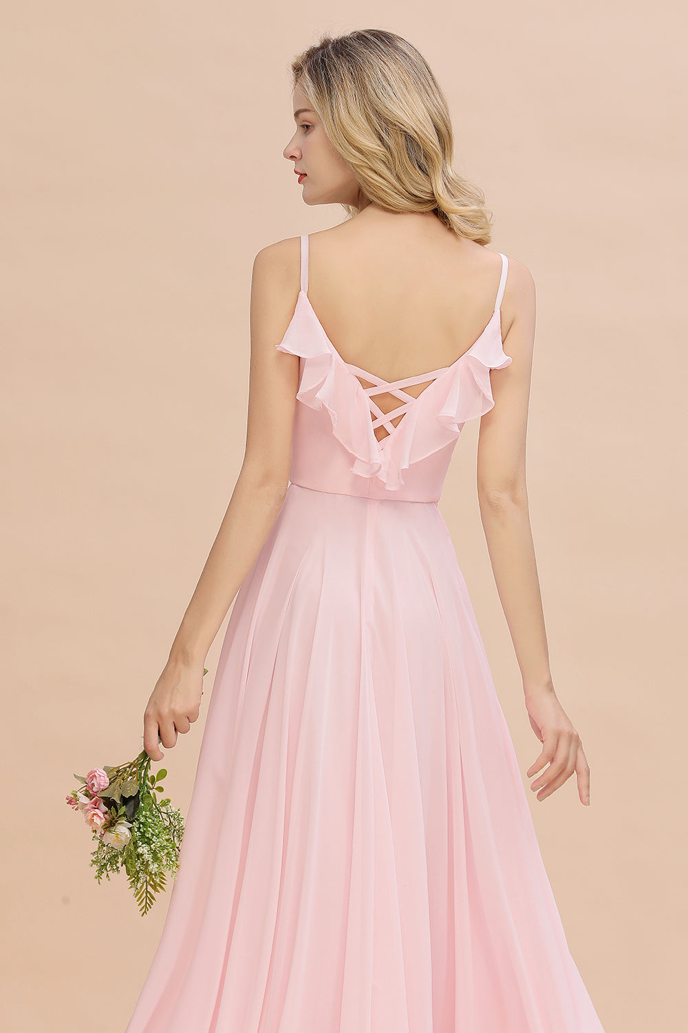 Stylish Draped V-Neck Pink Chiffon Bridesmaid Dress with Spaghetti Straps