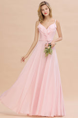 Stylish Draped V-Neck Pink Chiffon Bridesmaid Dress with Spaghetti Straps